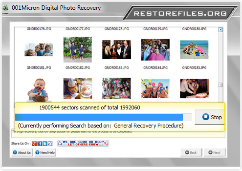 Screenshots of digital pictures restore software to perform data recovery